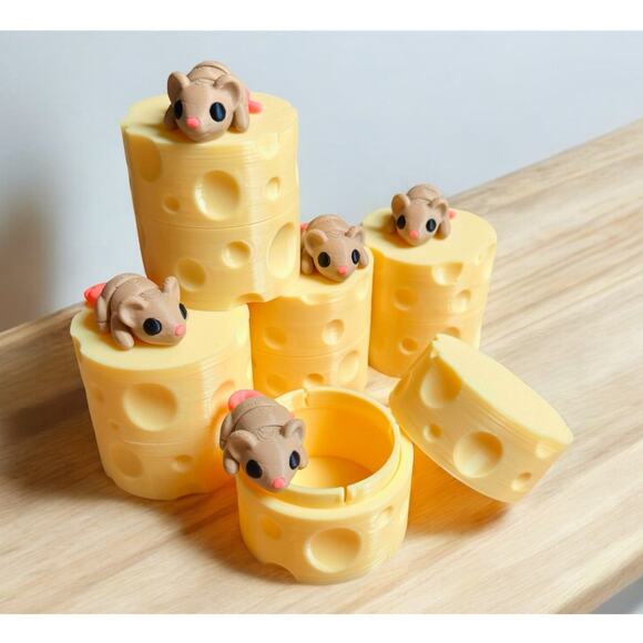 3D Printed Baby Mice With Cheese Storage Container Set - Picture 1 of 4